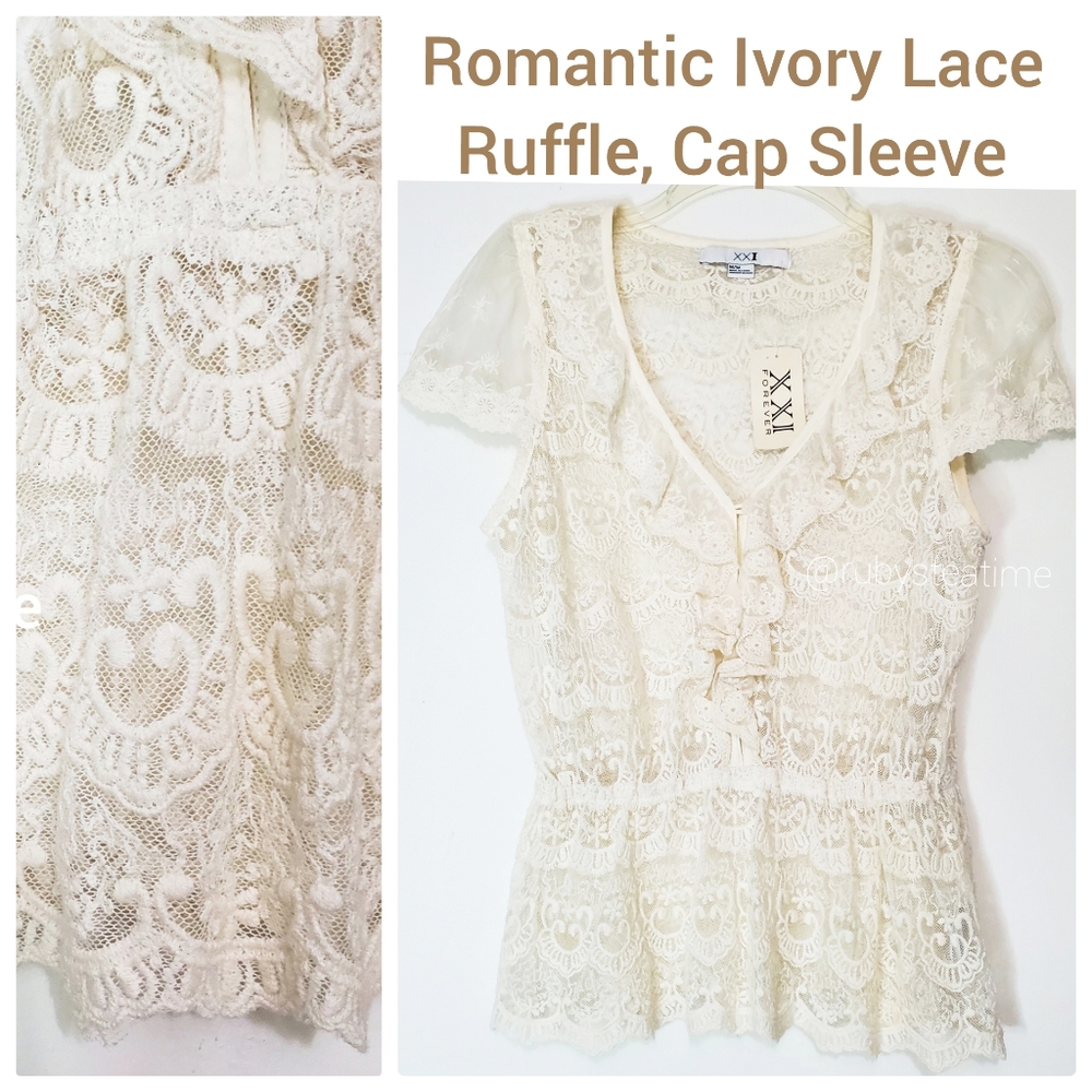 Romantic, Lovely, Dainty Ivory Lace Ruffle Top, Cap Sleeve, NWT